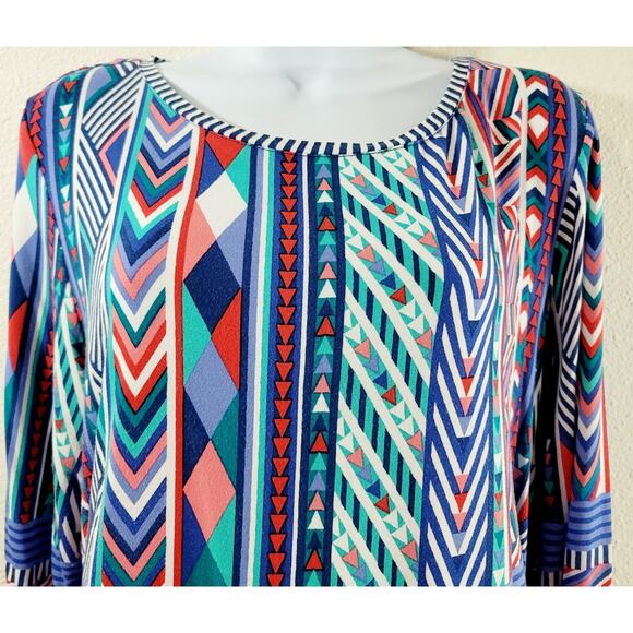 Ruby Rd. Blue Pink Arrow Geo Print Top XL Lightweight Ruched Side Seams Stretch - Picture 2 of 6